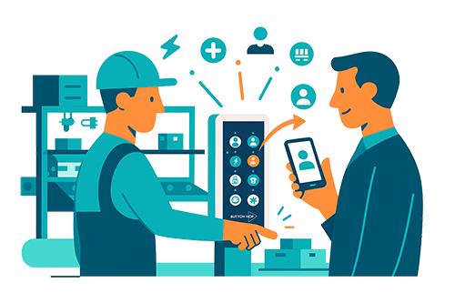 Characters using a connected Button Hop andon button to report an alert to their manager