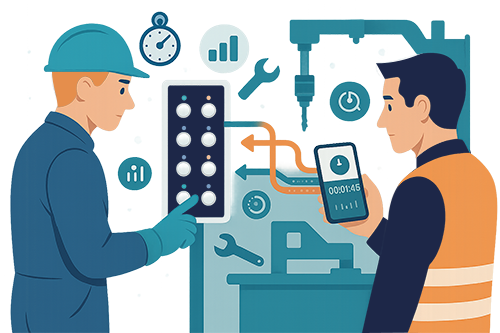 An operator performs macro time measurement with a connected button for industry